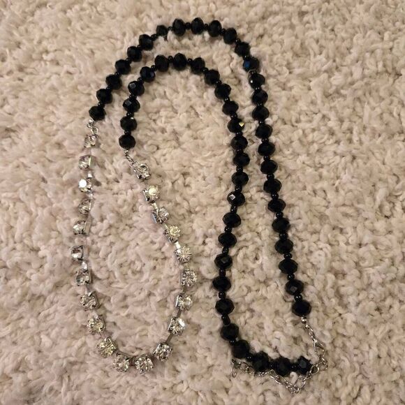 NWOT Long Faceted Jet Beads + Rhinestones Necklace - Picture 2 of 9